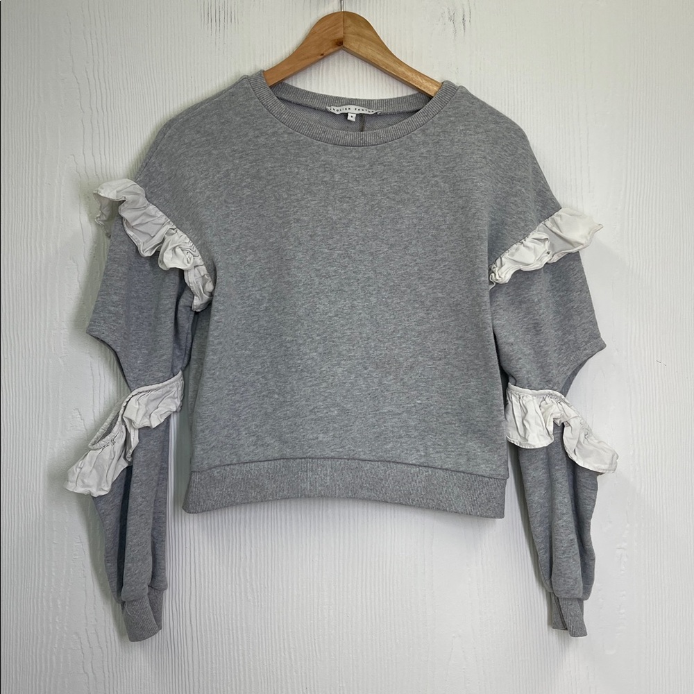 English Factory - Crewneck White Ruffle Open Elbow Grey Lightweight Sweatshirt S - Picture 6 of 9